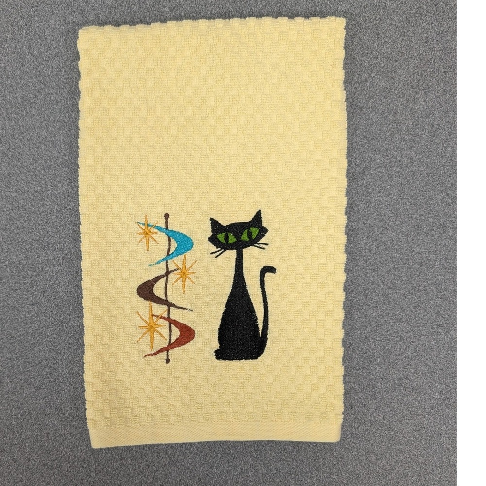 Mid Mod Retro Cat Flying Saucers Kitchen Bar Tea Hand Towel Great Gift Idea!